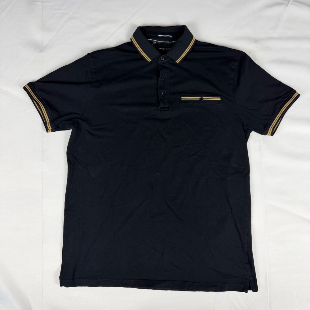 Denim & Flower Ricky Singh Mens Black Gold Striped Polo Shirt Size M Slim Fit